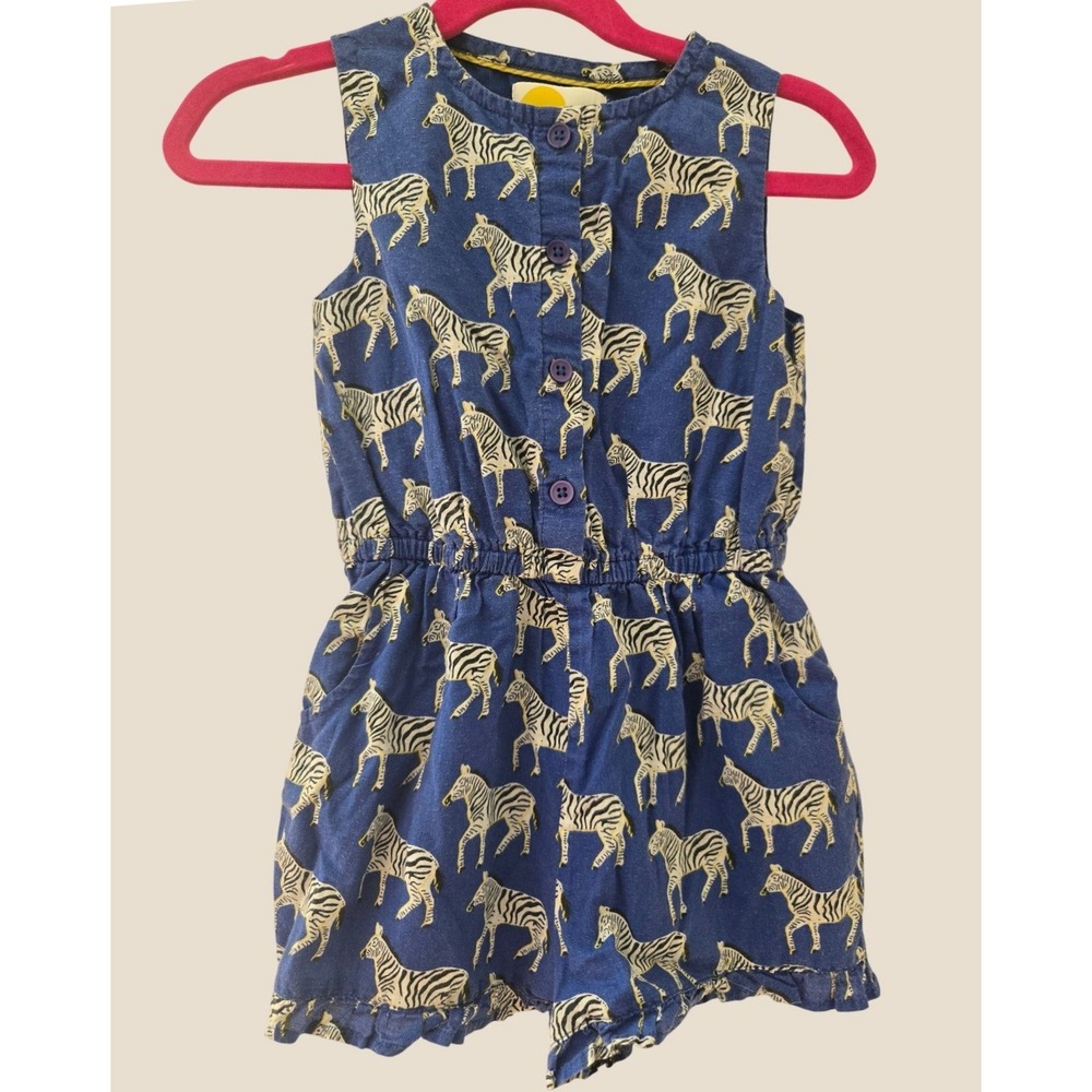 Mini Boden Kids Blue Zebra Print Cotton Ruffle Romper Size 3-4Y 104cm